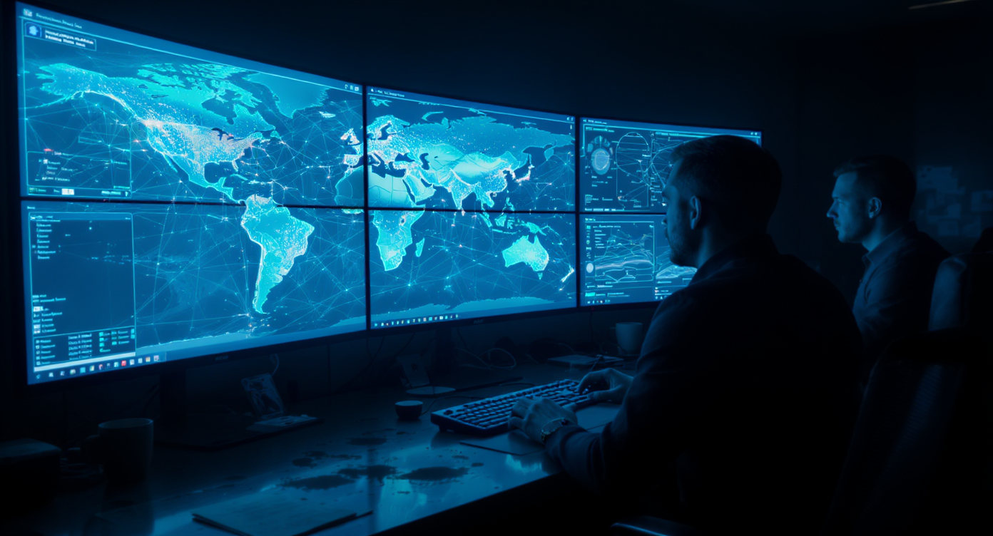 Logistics professionals analyzing global shipping routes on digital screens in a control room.