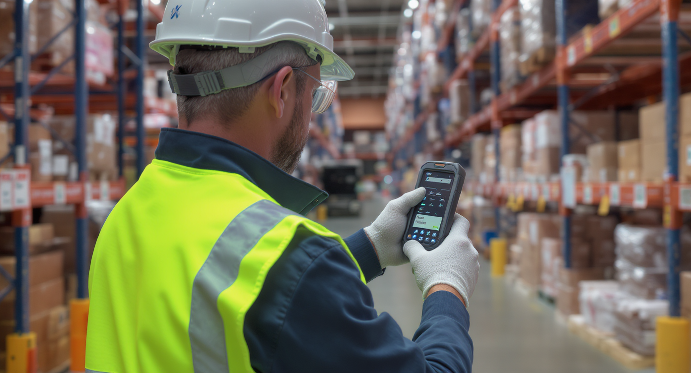 Logistics professional using a digital tablet for inventory management in a modern Al Quoz warehouse facility.
