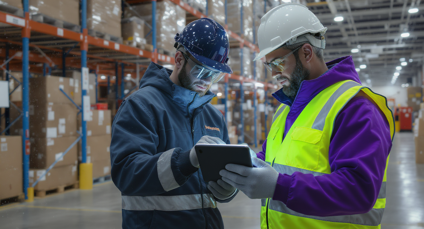 Logistics professionals using a tablet for warehouse management inside a modern automated Dubai facility.