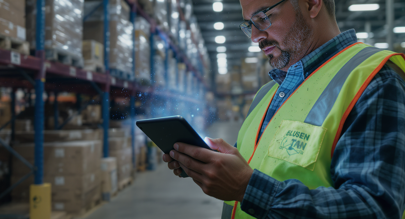 Logistics worker in a Dubai warehouse using a digital tablet for real-time freight tracking and inventory management.