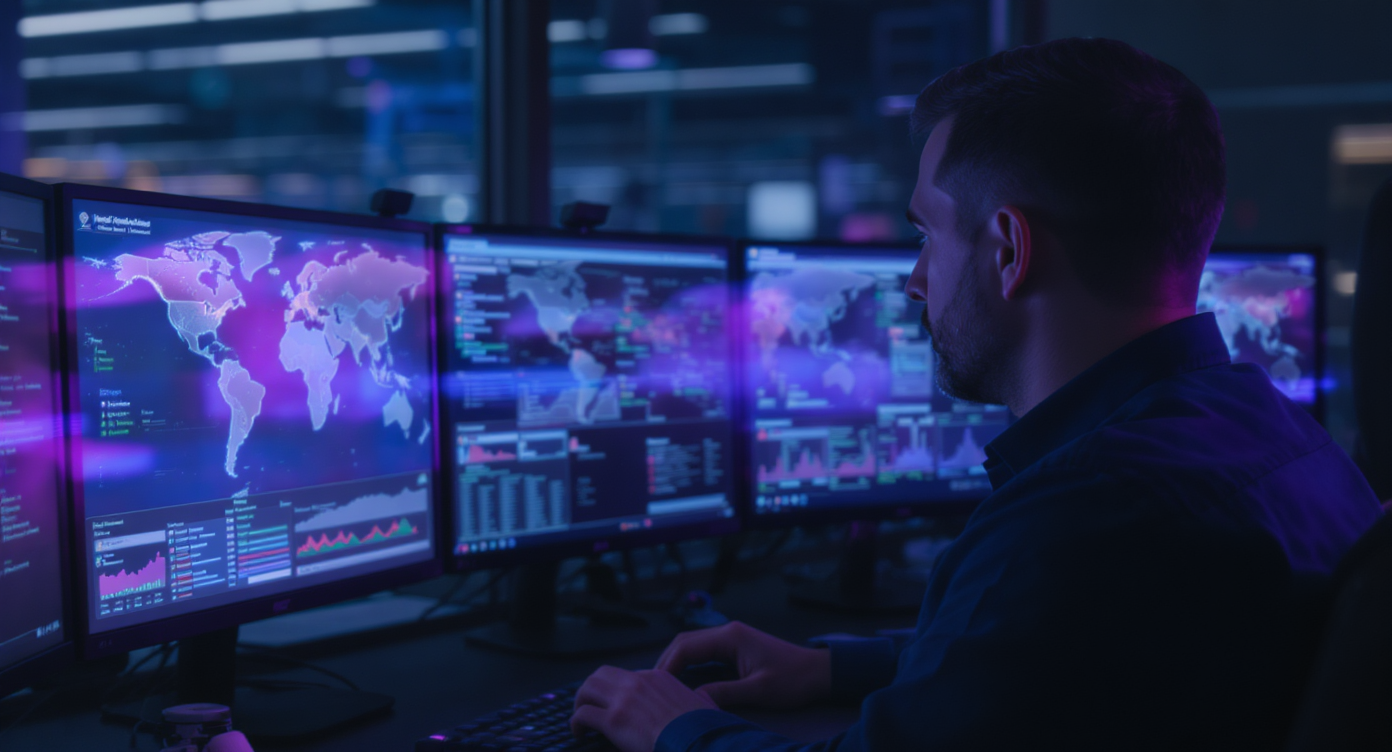 Logistics manager reviewing real-time shipping data on multiple screens in a modern Dubai control room.