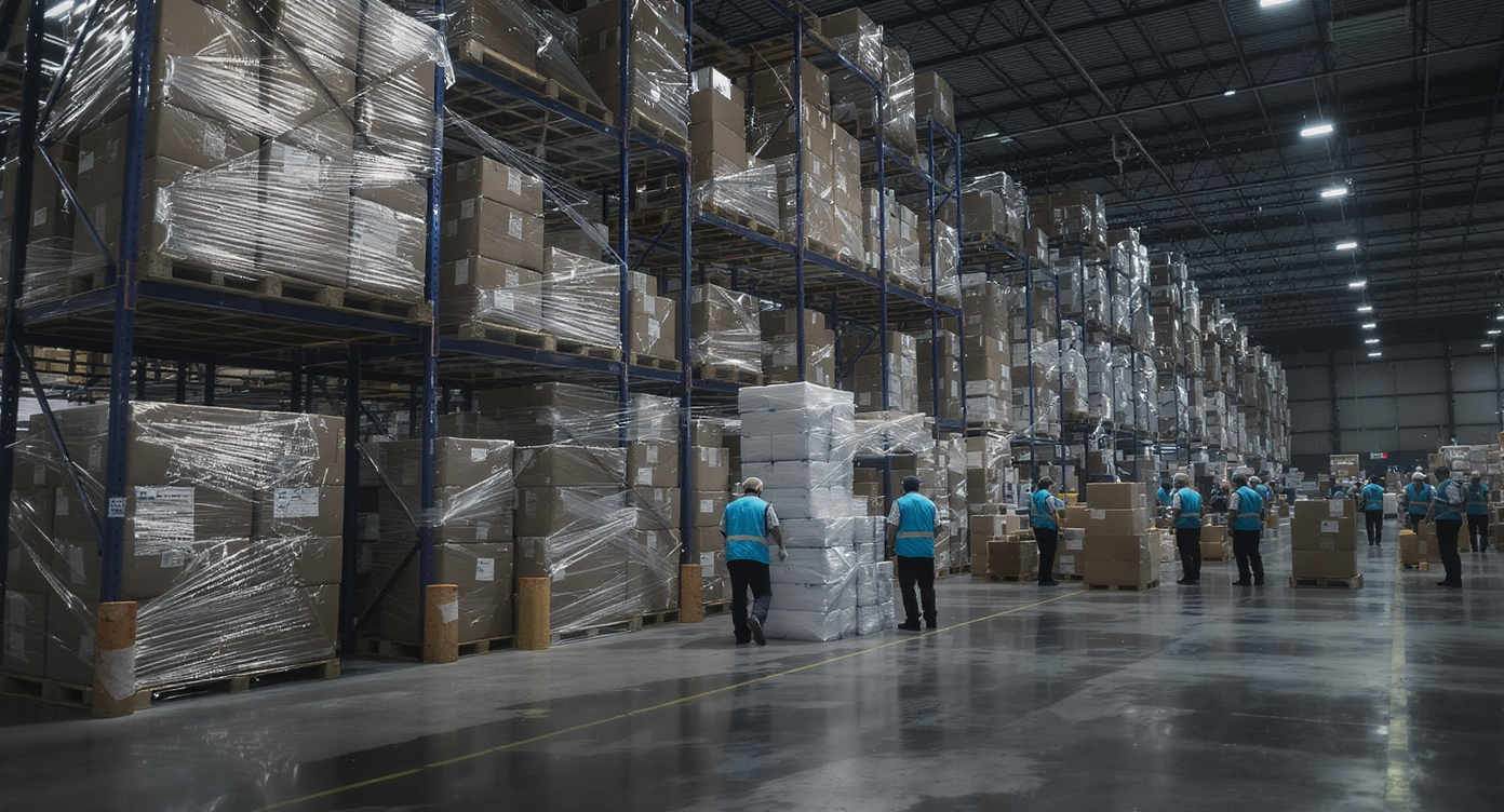 Warehouse workers consolidating cargo pallets with shrink wrap inside a large Dubai shipping facility.
