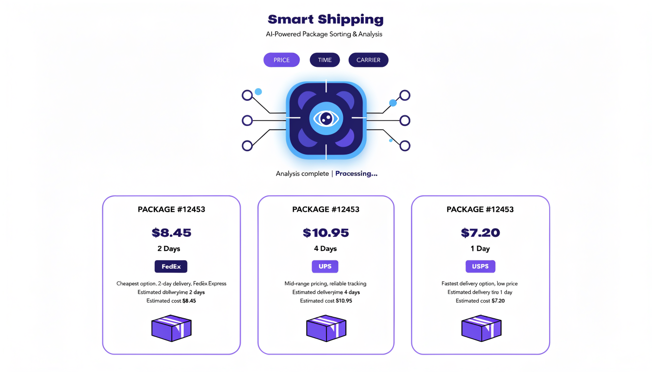 AI dashboard illustration sorting shipping rates, transit times, and carriers for international logistics.