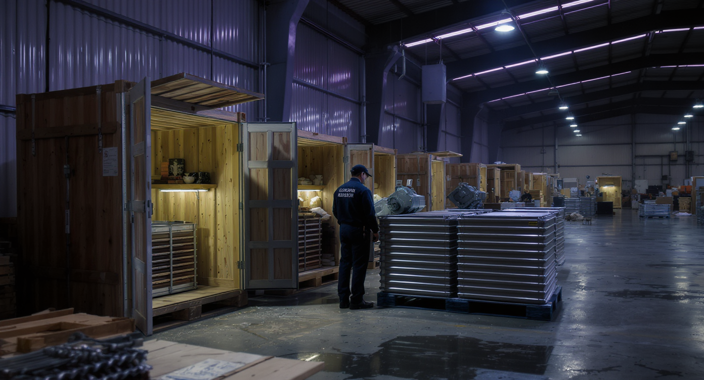 Customs official inspecting specialized metal cargo components in an industrial warehouse setting.