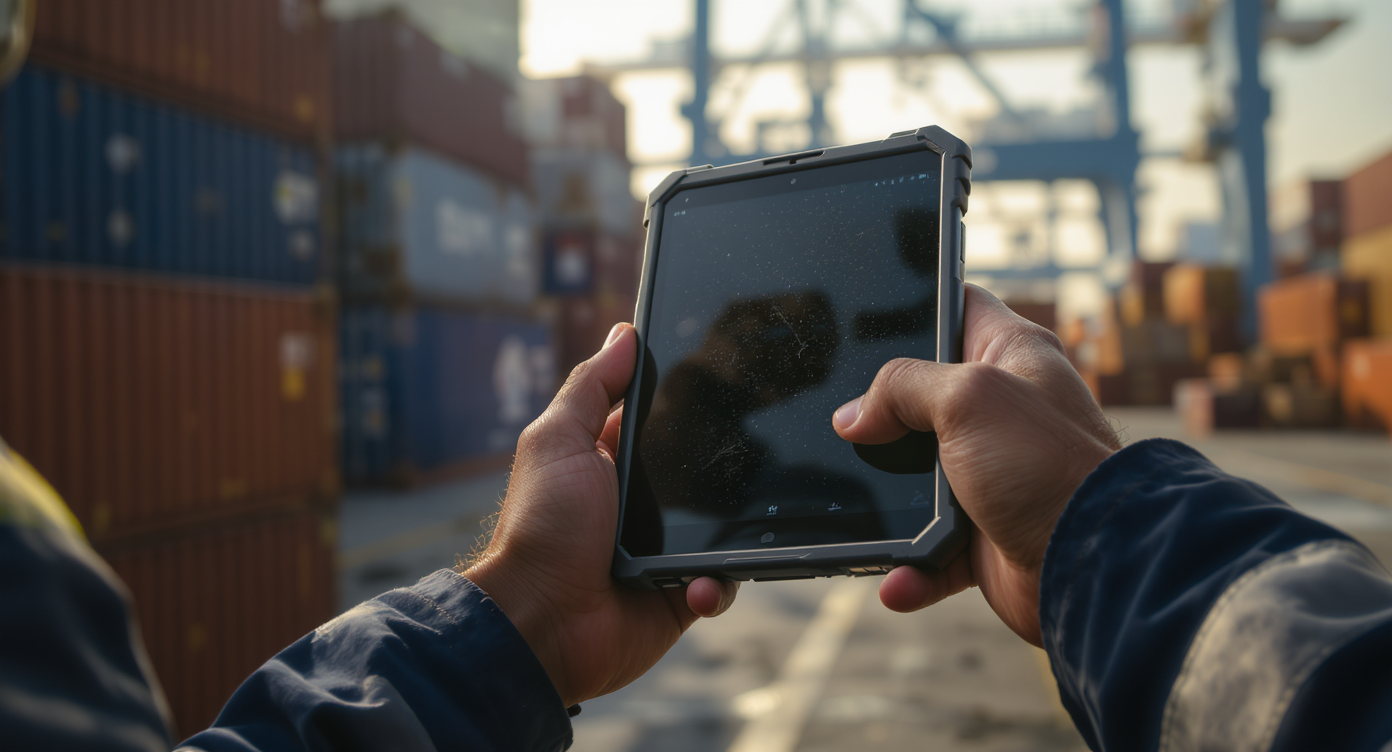 Logistics professional using a digital tablet to track container shipments at a busy Dubai ocean freight terminal.
