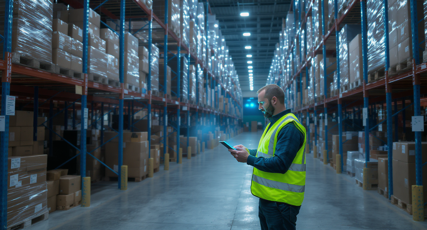 Logistics professional using a tablet in a Dubai warehouse, managing multi-carrier express delivery shipments.
