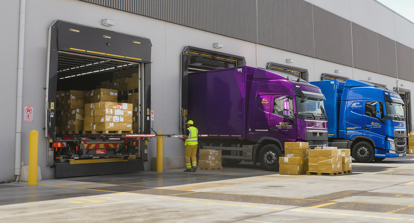 Logistics workers loading delivery trucks at a modern Dubai distribution center.