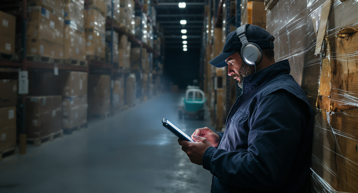 Logistics worker using a tablet for customs clearance in a Dubai cargo warehouse.