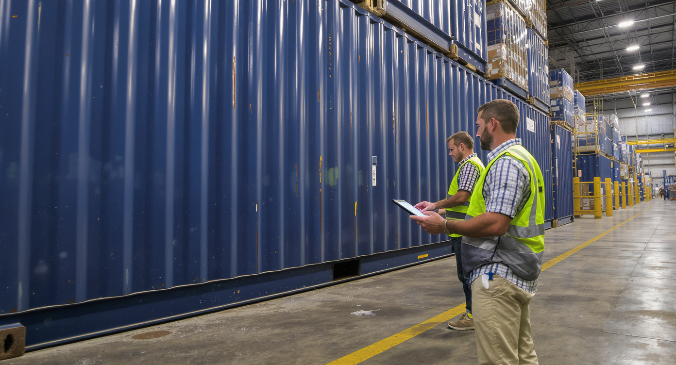 Logistics professional using a digital tablet to verify shipping container cargo details in a warehouse.