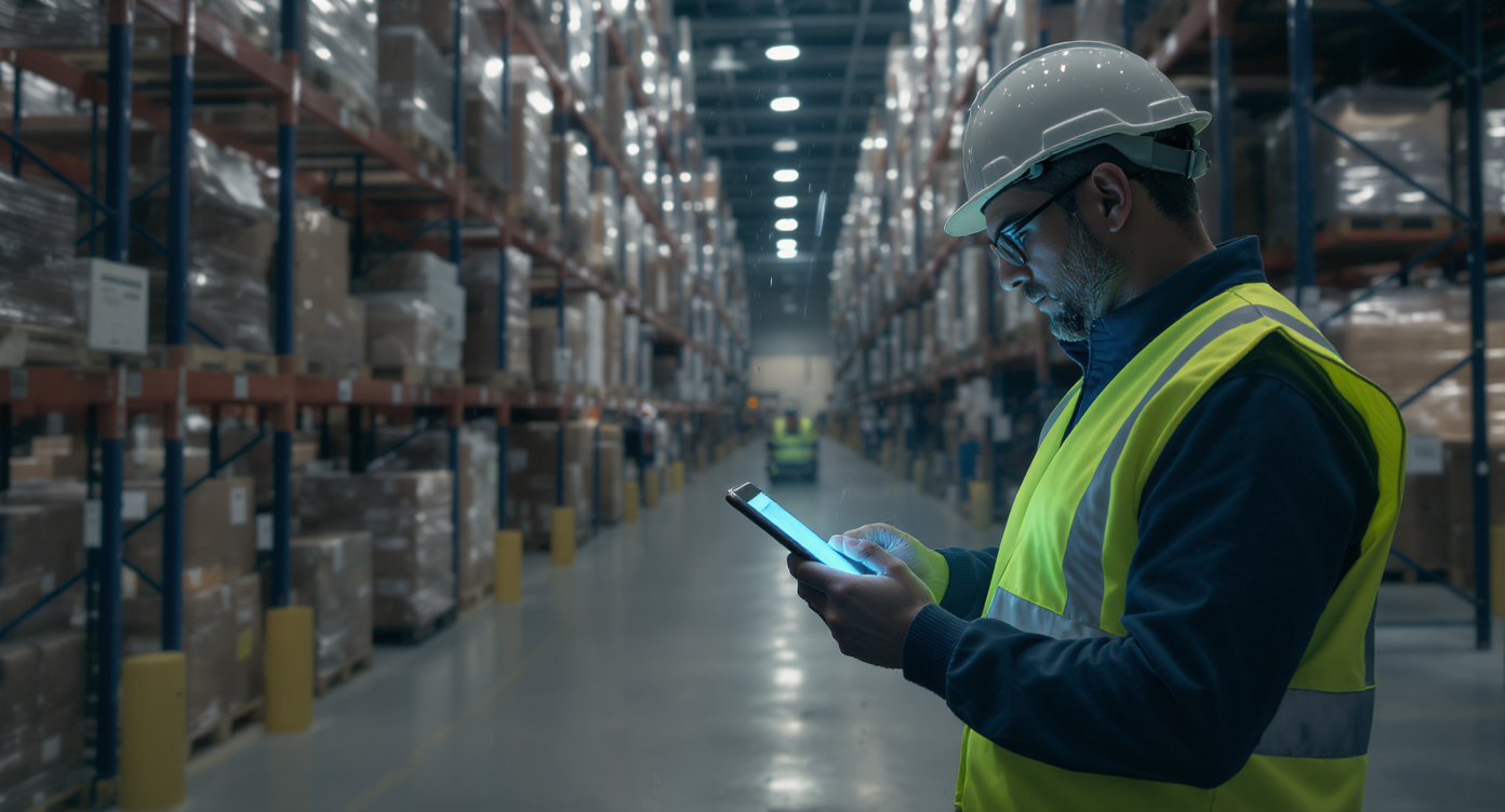Logistics professional using a digital tablet for inventory tracking in a modern UAE warehouse.