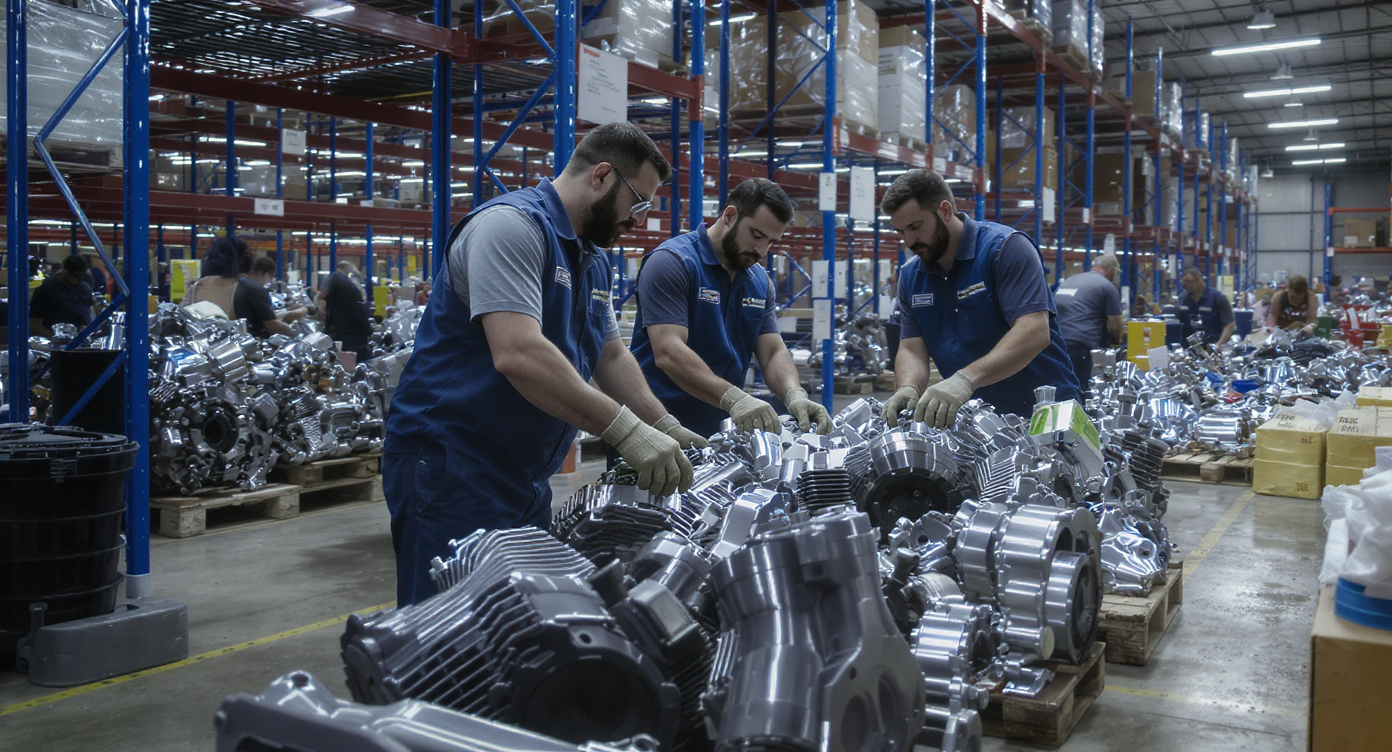 Warehouse workers handling automotive spare parts in a modern logistics facility.