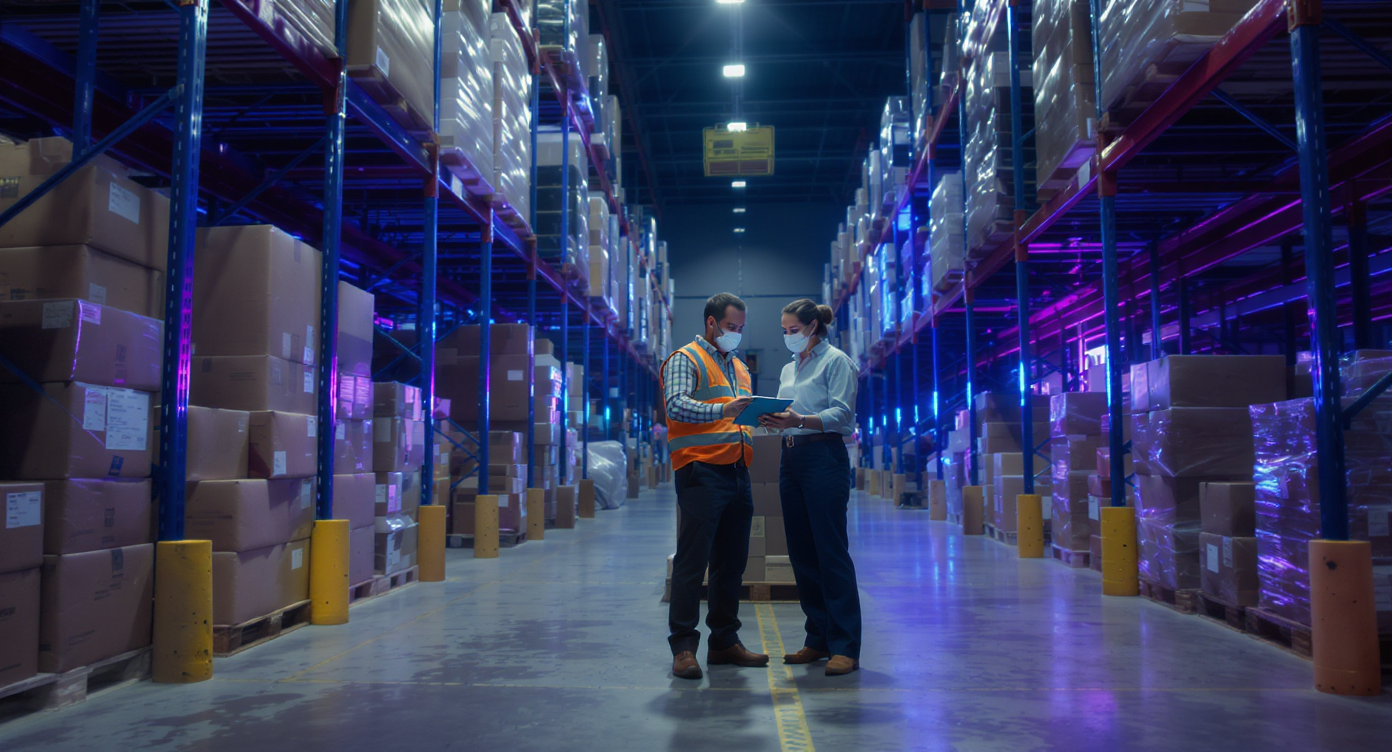 Logistics manager and business client reviewing shipping routes on a tablet inside a modern warehouse.