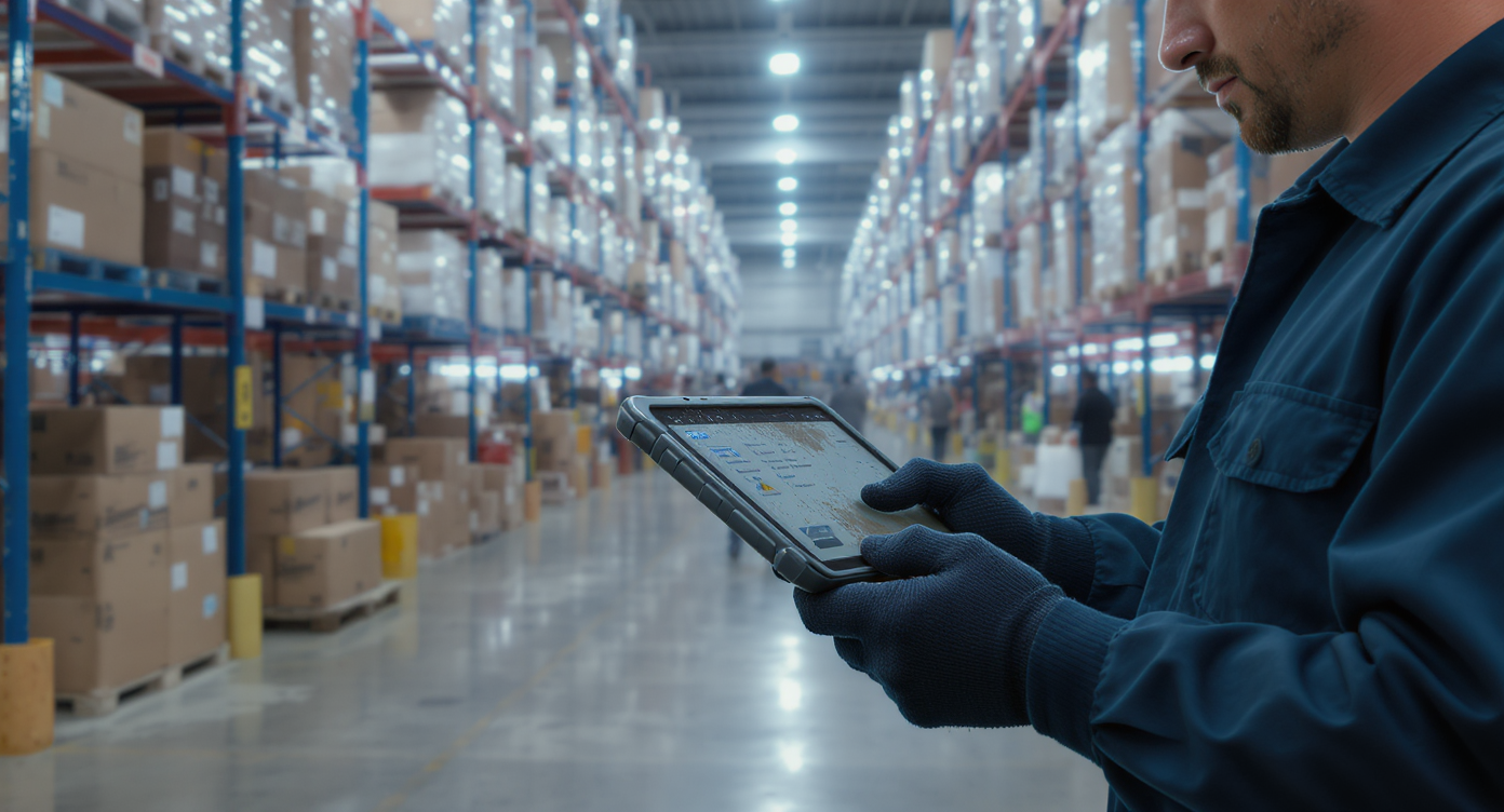 Logistics workers using a tablet for real-time inventory tracking in a modern Dubai warehouse facility.