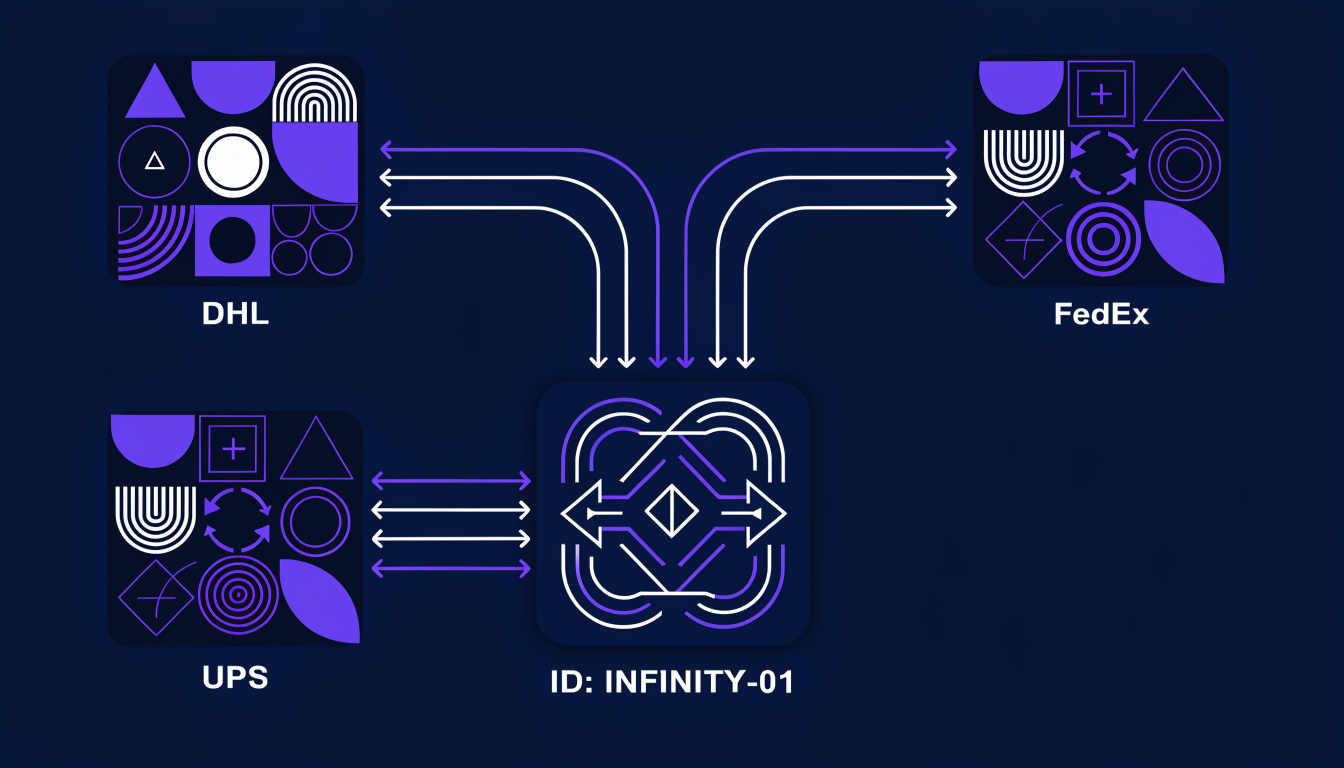 Vector illustration showing DHL, FedEx, and UPS tracking data merging into a single unified Infinity tracking ID.