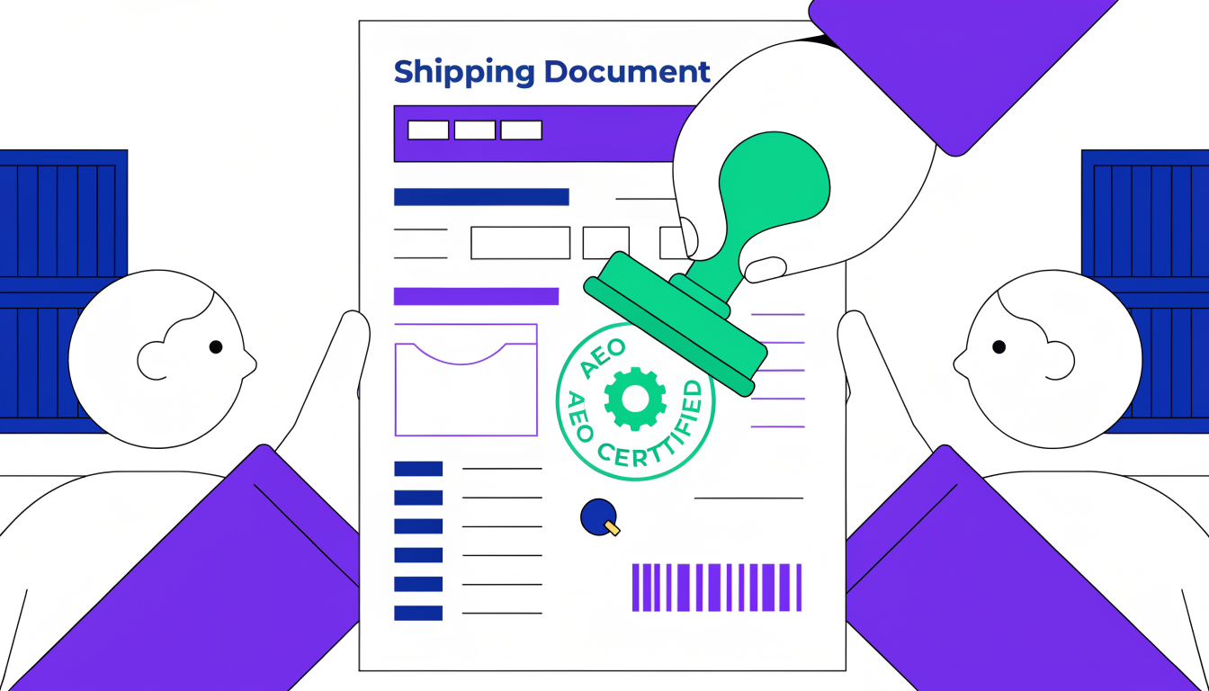 Vector illustration of a shipping document receiving an AEO Certified approval stamp for customs clearance.