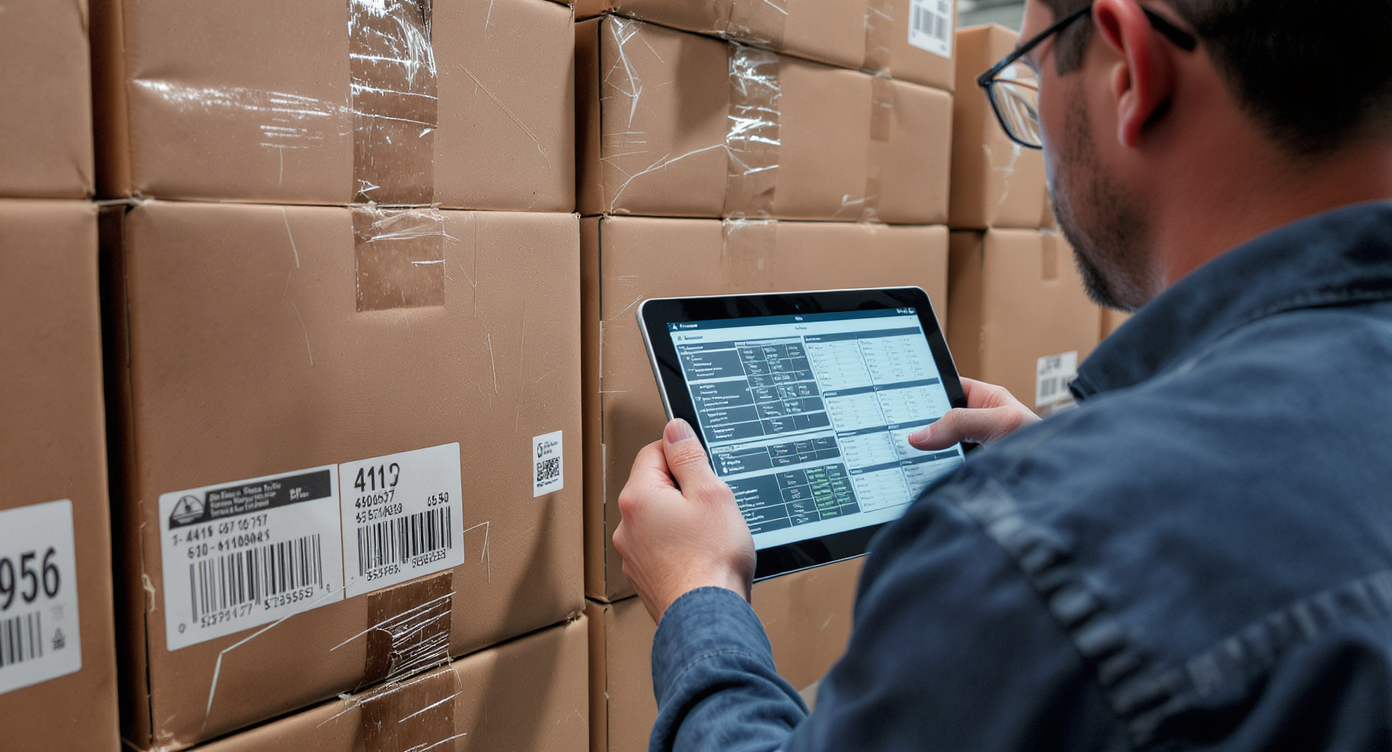 Warehouse worker using a tablet to cross-reference cargo labels for accurate customs duty calculation.