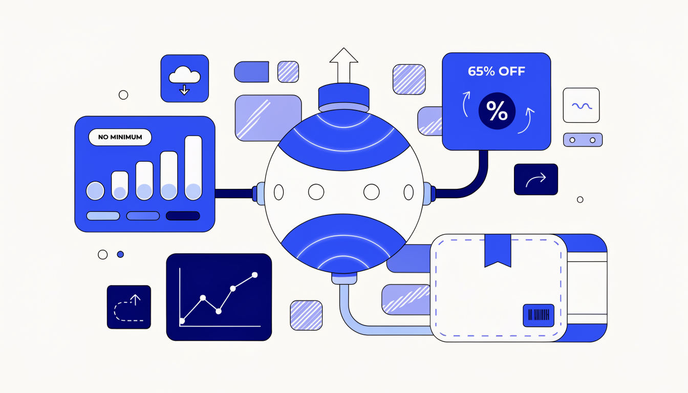 AI logistics dashboard illustration showing enterprise shipping discounts and no minimum frequency requirements.