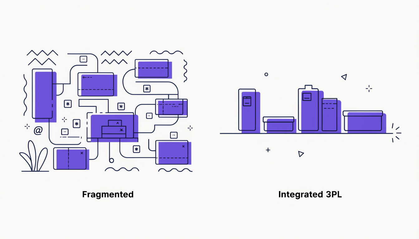 Split illustration comparing a tangled fragmented supply chain with a smooth, integrated 3PL logistics flow.