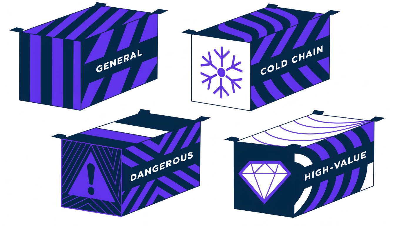 Flat vector icons illustrating general, cold chain, dangerous, and high-value cargo types in a 2x2 grid layout.