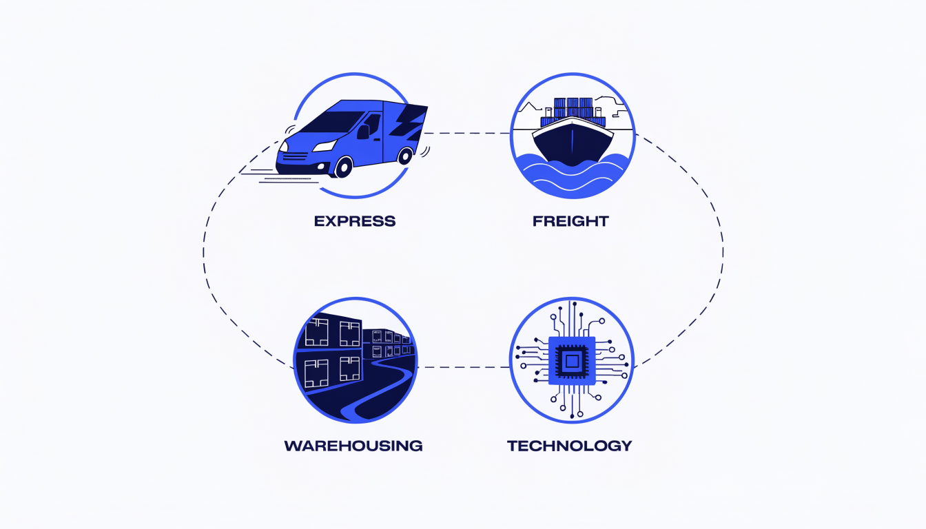 Vector illustration showing four interconnected logistics pillars: express delivery, freight, warehousing, and technology.