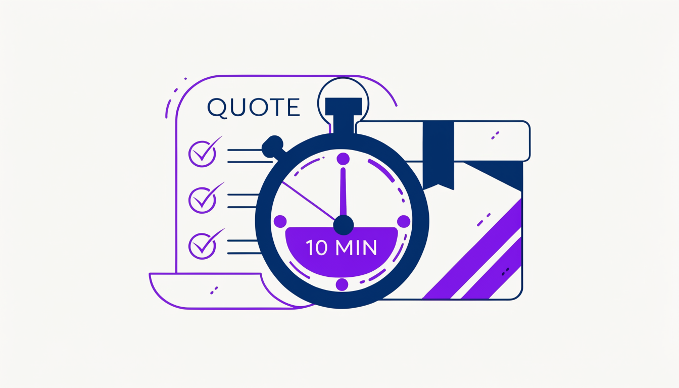 Vector illustration of a logistics quote checklist and a stopwatch showing 10 minutes for fast shipping rates.
