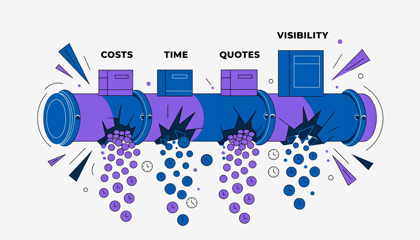 Illustration of a fragmented logistics pipeline leaking coins and clocks, representing four supply chain inefficiencies.