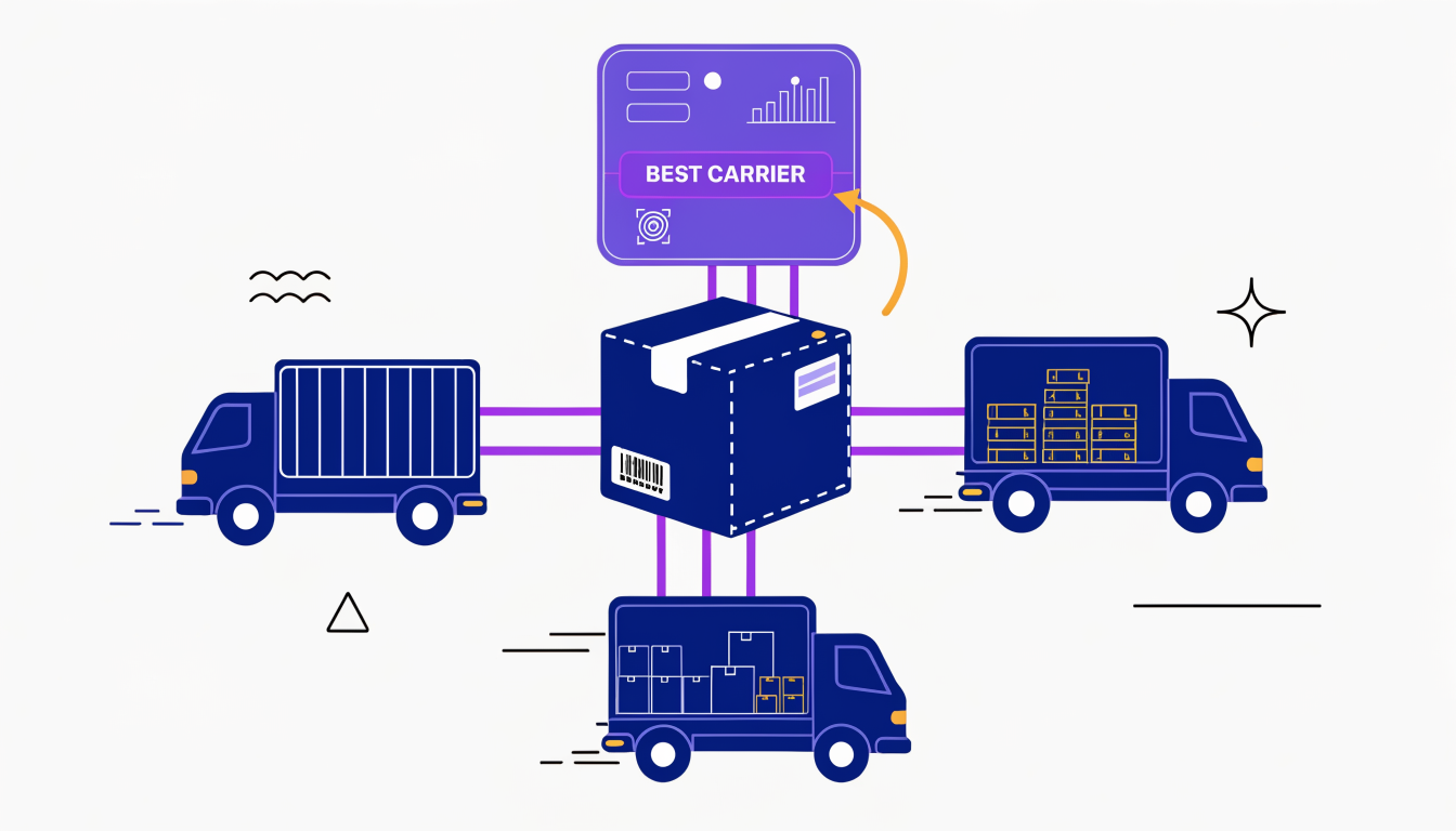 Vector illustration of an AI dashboard routing a parcel to the optimal delivery carrier.
