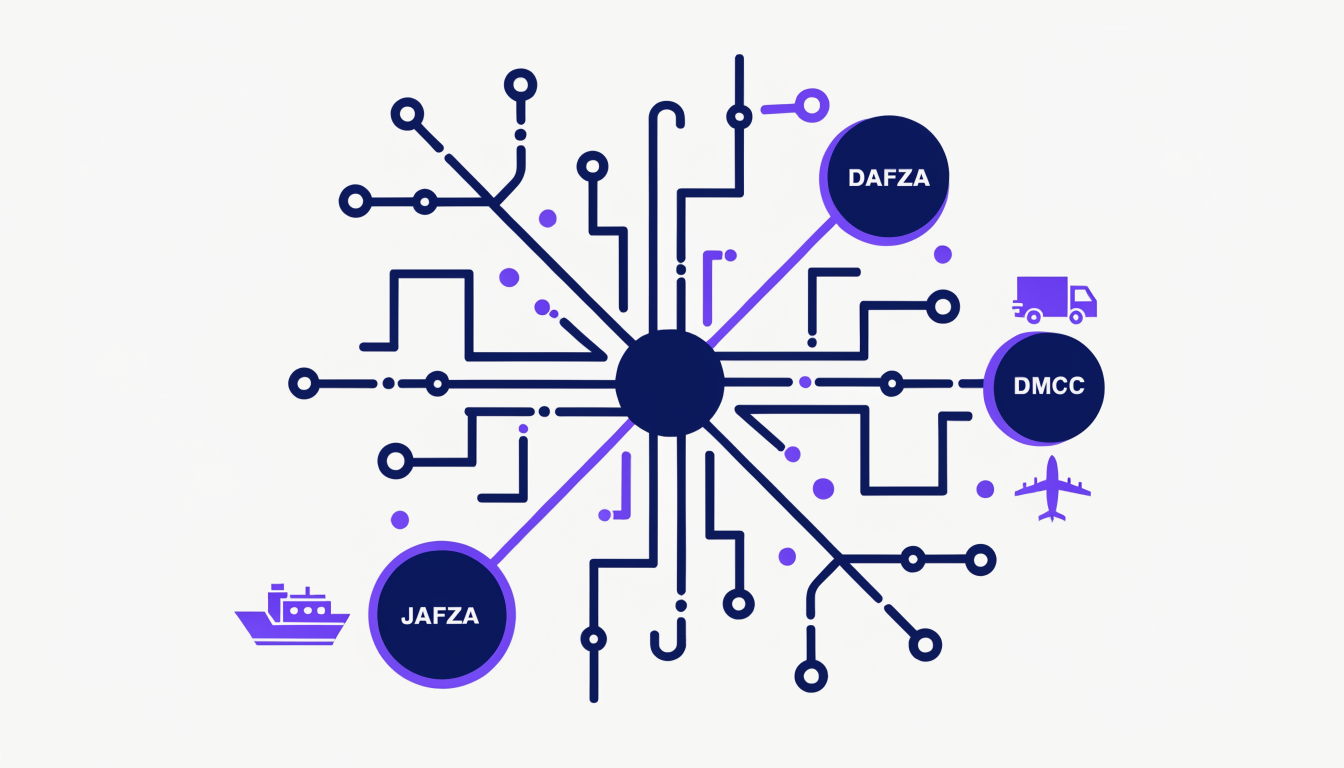 Stylized map of Dubai highlighting JAFZA, DAFZA, and DMCC free zones with shipping, air cargo, and delivery icons.