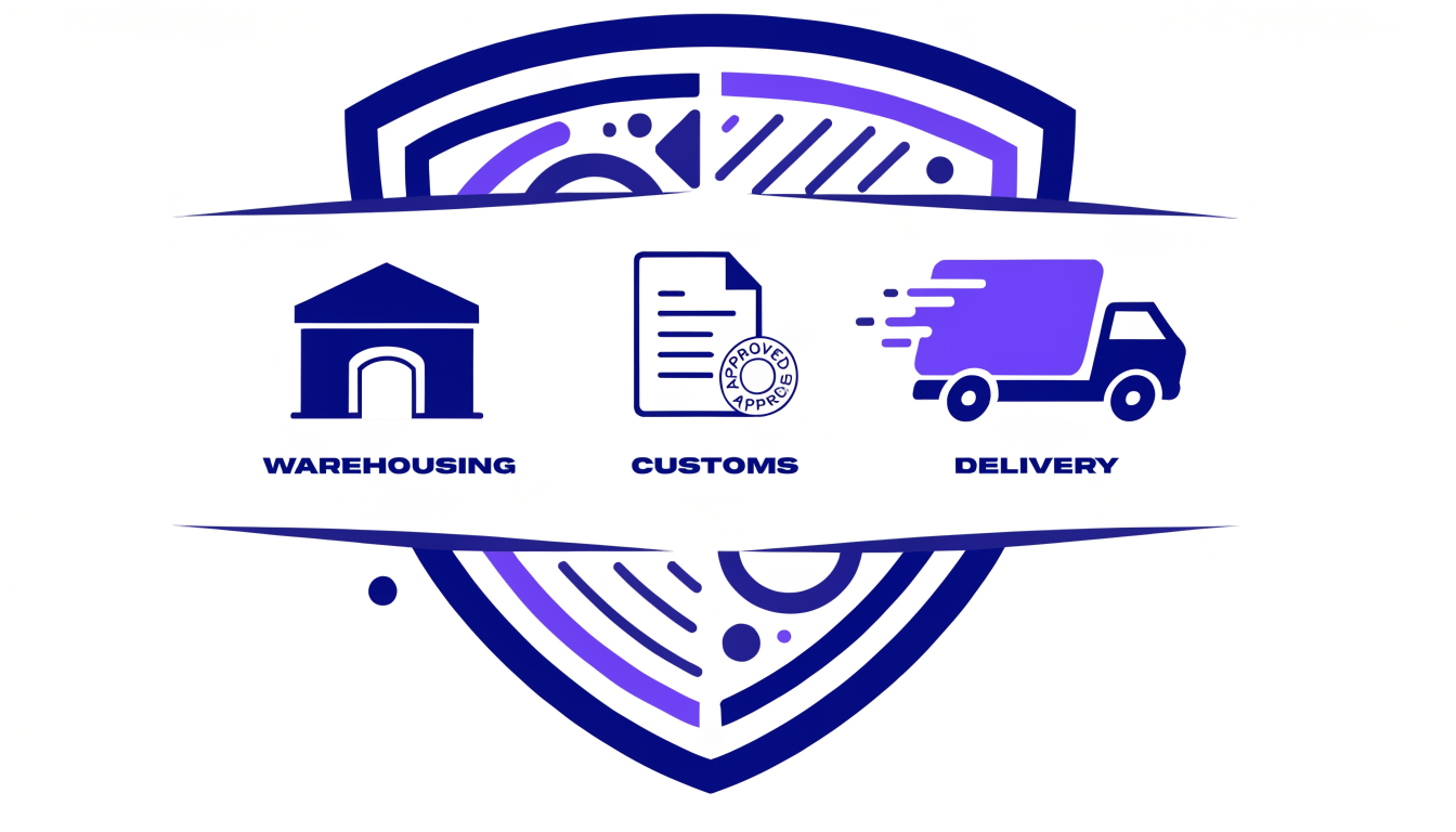 Vector illustration of a shield unifying warehousing, customs, and delivery services for UAE to Saudi Arabia logistics.