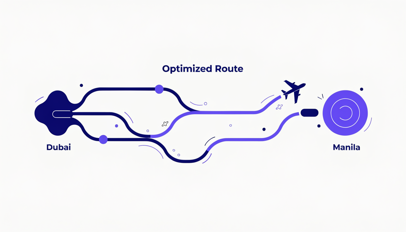Vector illustration of three flight paths from Dubai converging into one optimized route to Manila in blue and purple.