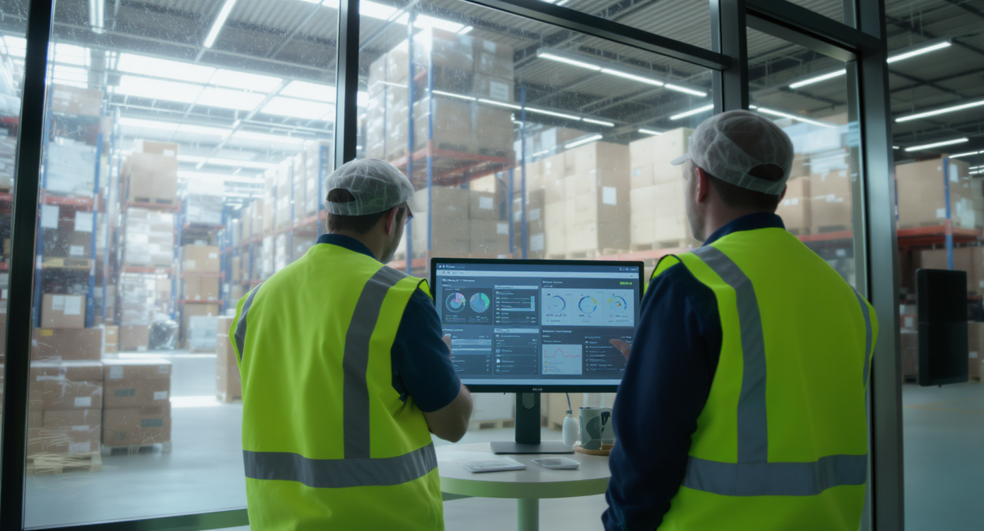 Two logistics professionals reviewing a digital dashboard in a modern Dubai warehouse office for customs clearance.