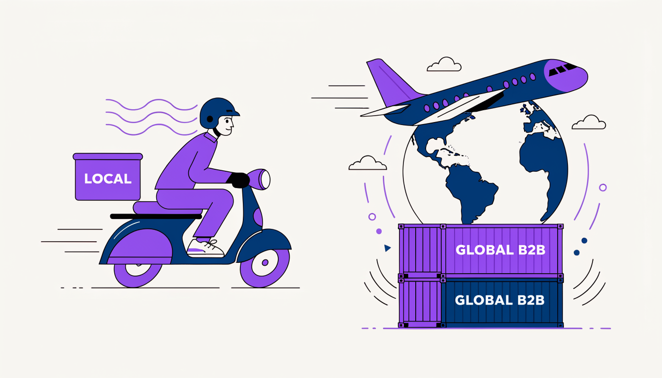Split illustration comparing local scooter delivery with global B2B cargo plane logistics.