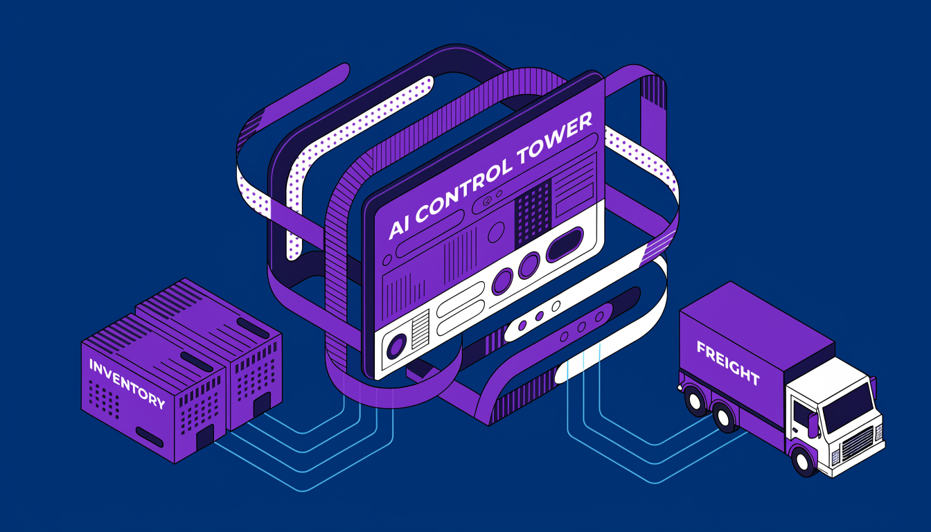 Conceptual illustration of an AI logistics control tower dashboard managing warehouse inventory and freight.