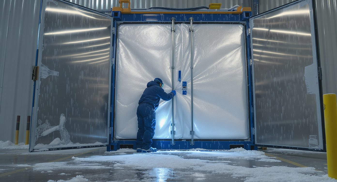 Worker in thermal gear loading an insulated air cargo container at a Dubai cold storage facility.