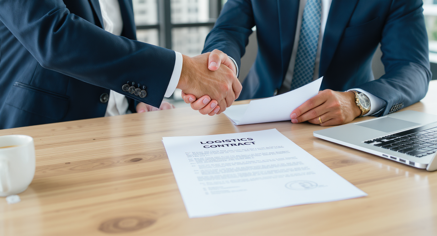 Two professionals shaking hands over a logistics contract in a modern Dubai office.