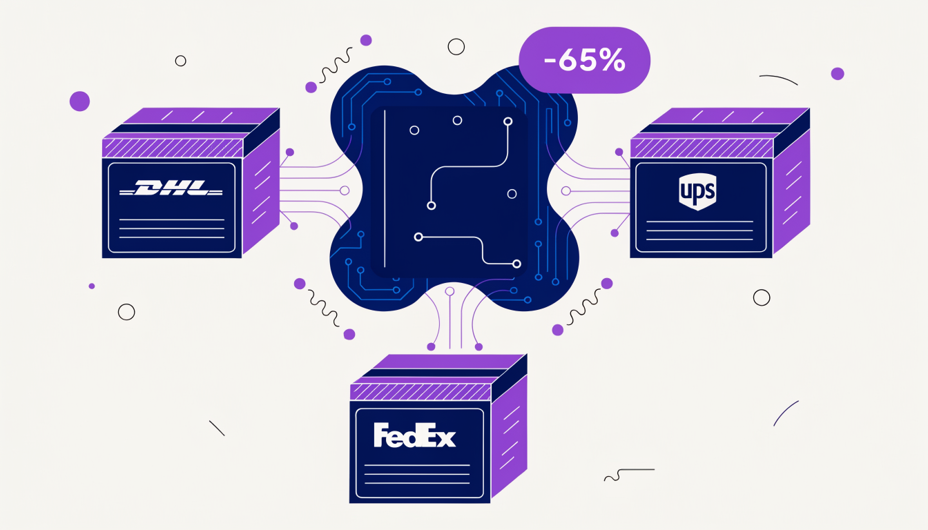 Vector illustration of AI analyzing DHL, FedEx, and UPS shipping rates to achieve 65% cheaper logistics.