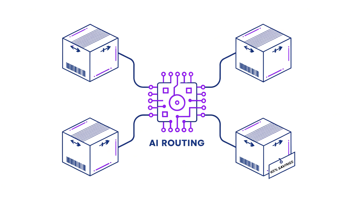 Conceptual illustration of an AI logistics system comparing shipping carrier rates to generate 65% savings.