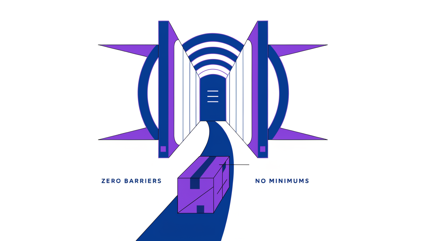 Conceptual illustration of an open gate and smooth path symbolizing zero-barrier logistics onboarding.