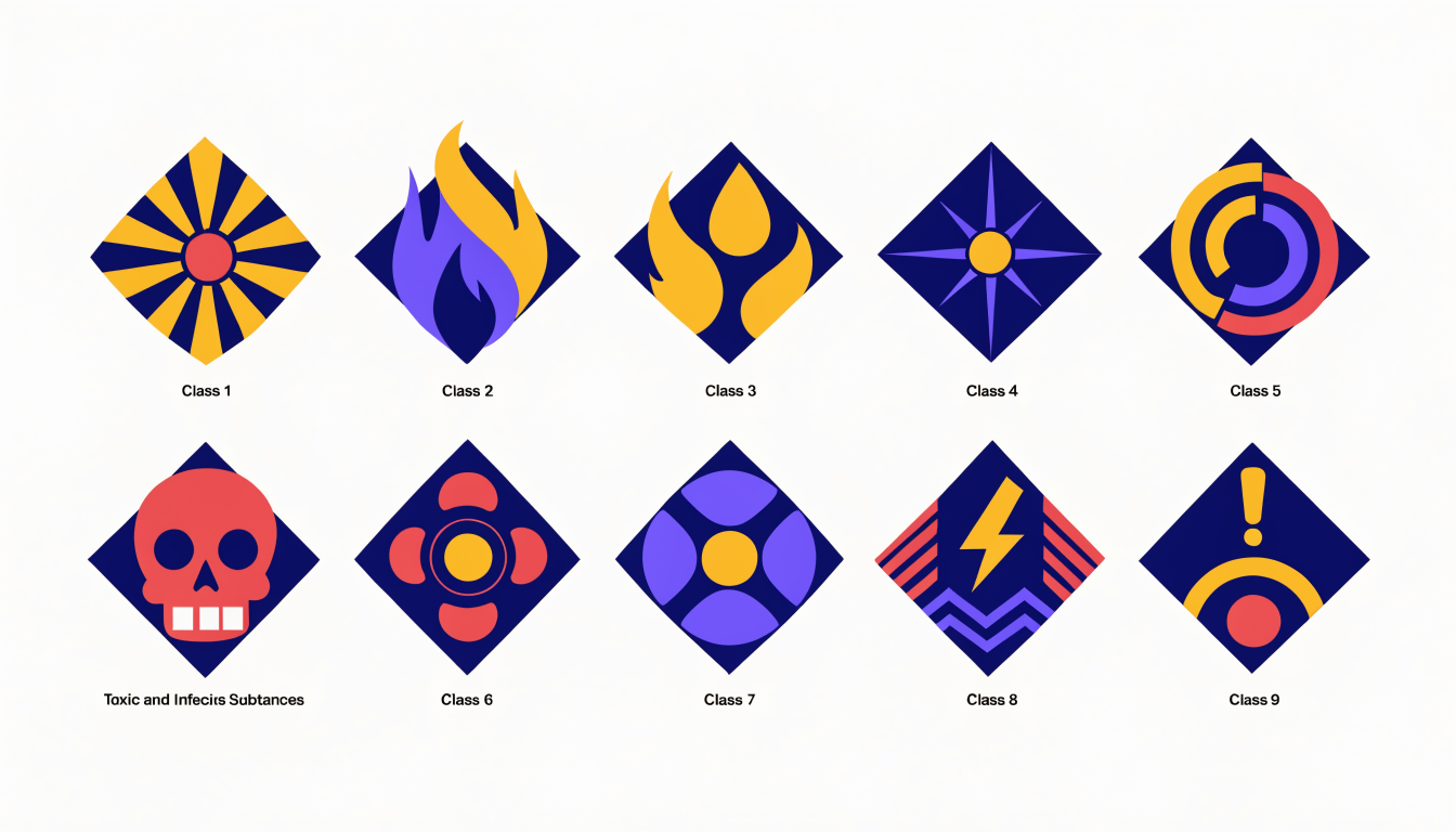 Modern vector illustration showing a 3x3 grid of the 9 classes of dangerous goods hazard icons for international shipping.