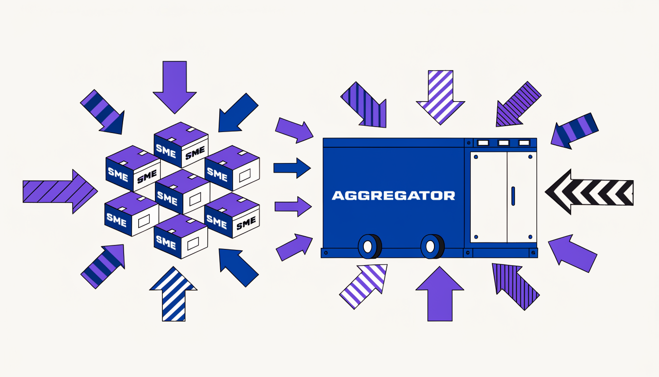 Illustration of small SME boxes merging into a large aggregator shipping container, showing shared volume logistics.