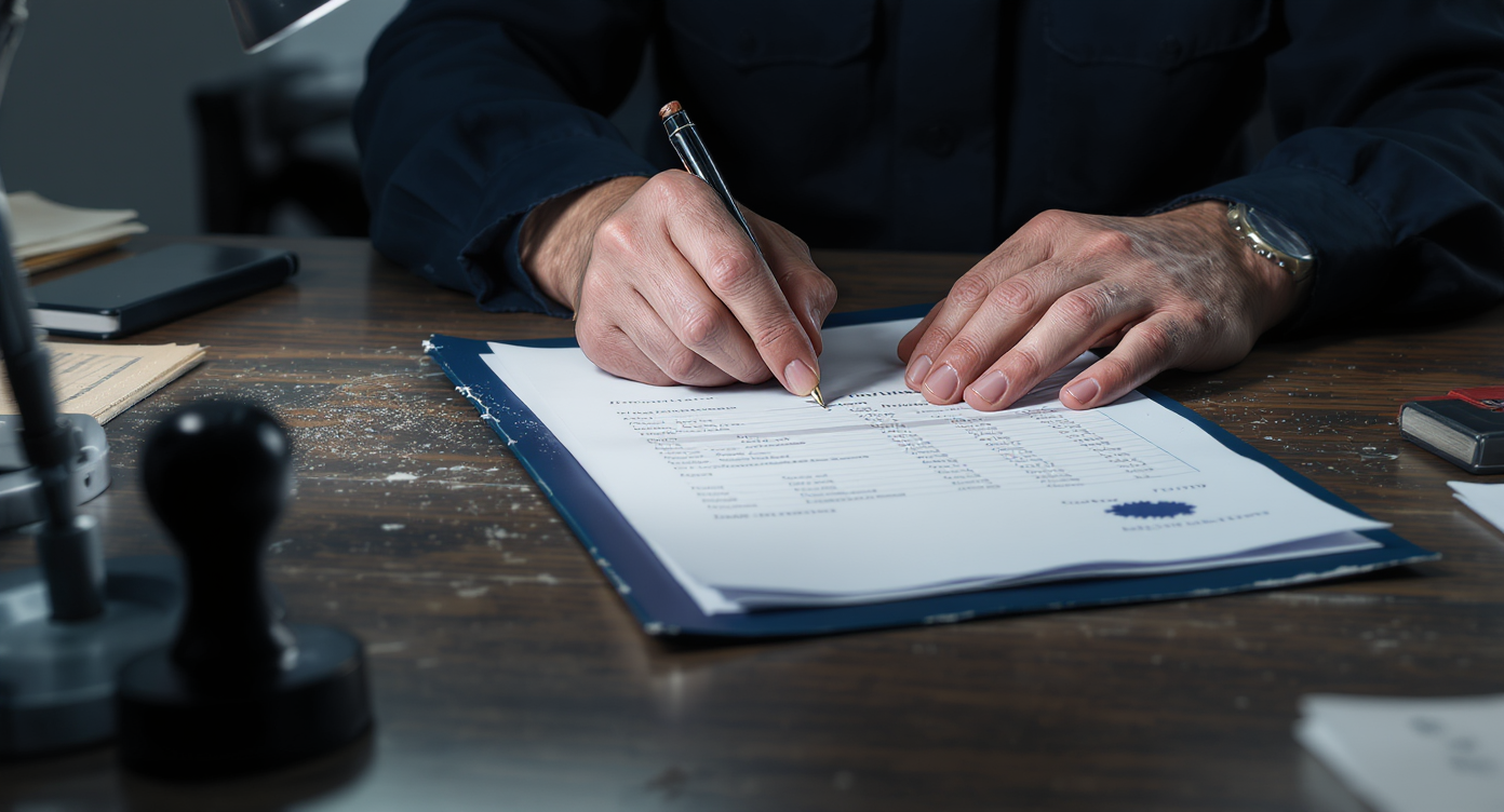 Close-up of a customs officer reviewing a commercial invoice and shipping manifest for US entry clearance.