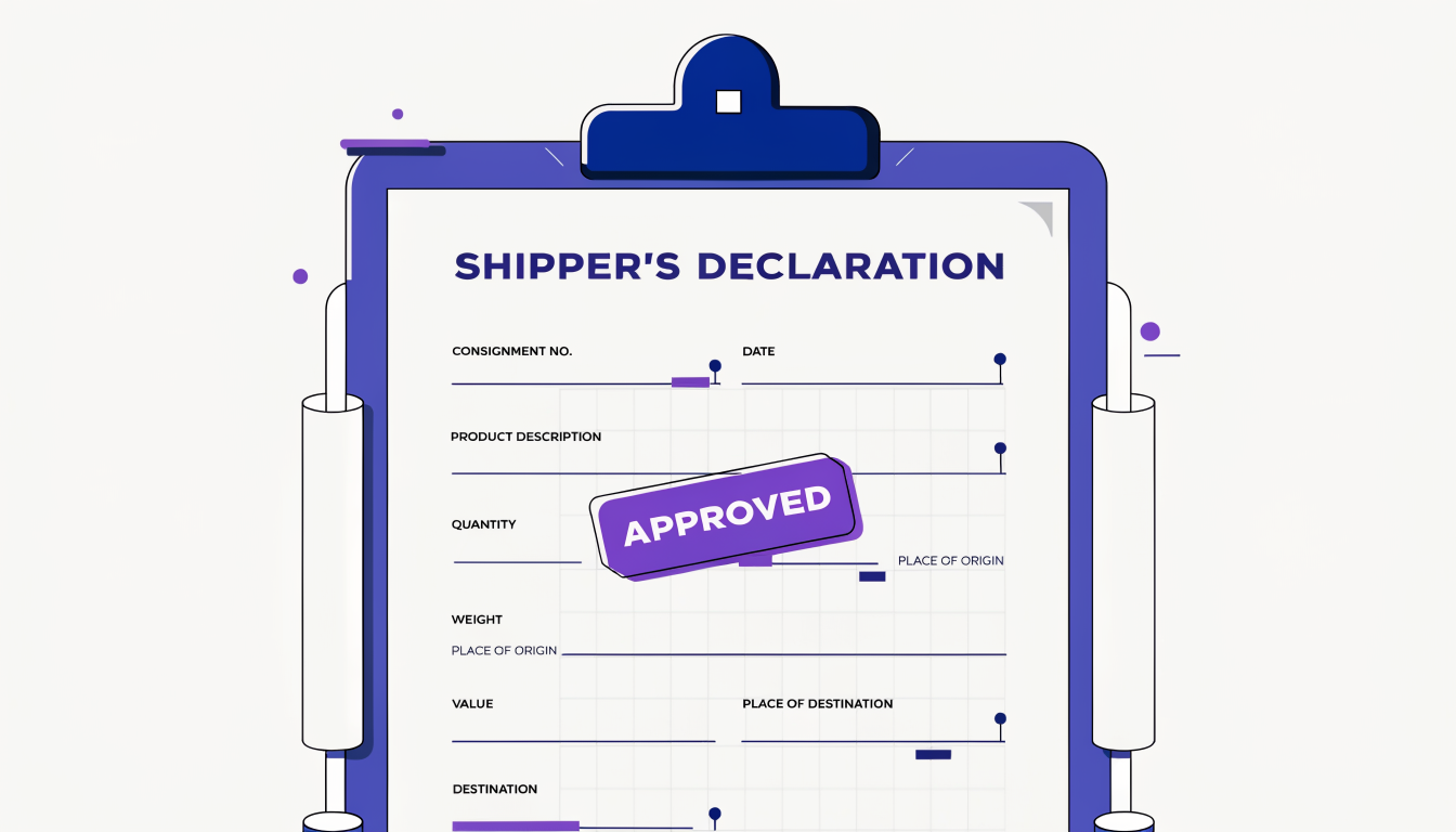 Stylized flat vector illustration of a Shipper's Declaration for Dangerous Goods document with an approved compliance stamp.