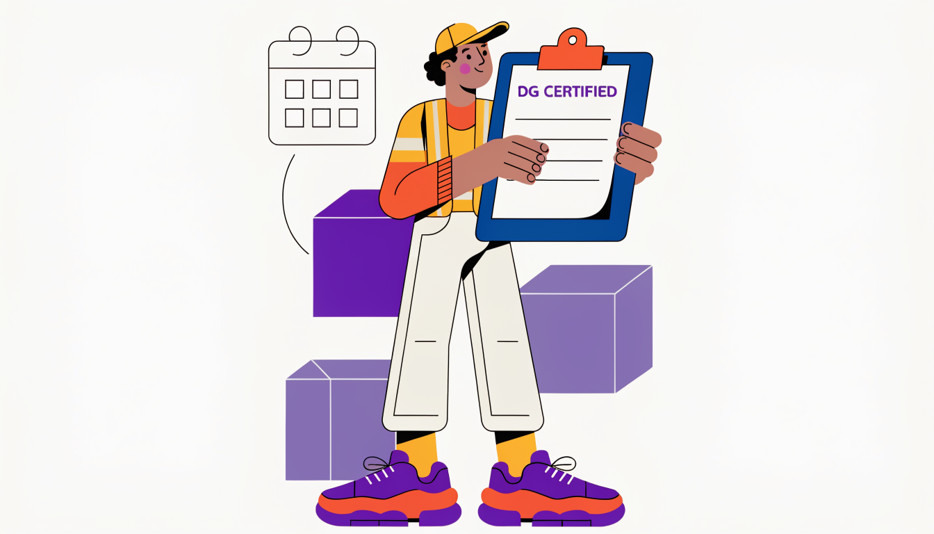 Vector illustration of a logistics professional holding a DG certified clipboard for dangerous goods freight training.