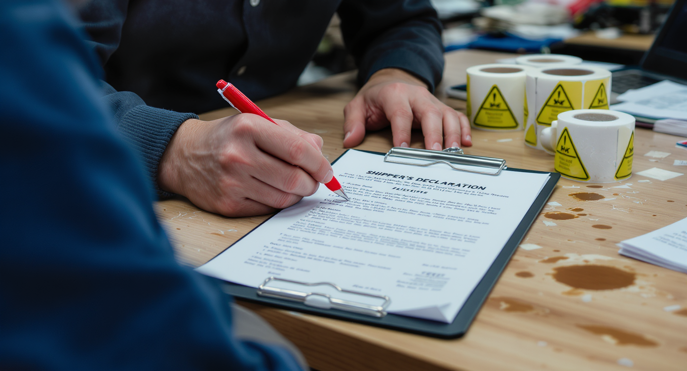 Logistics professional reviewing a Shipper's Declaration for Dangerous Goods document on a desk to prevent shipping errors.