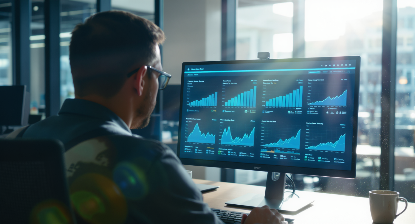 Logistics manager reviewing multi-carrier shipping rates on a computer screen in a modern office.