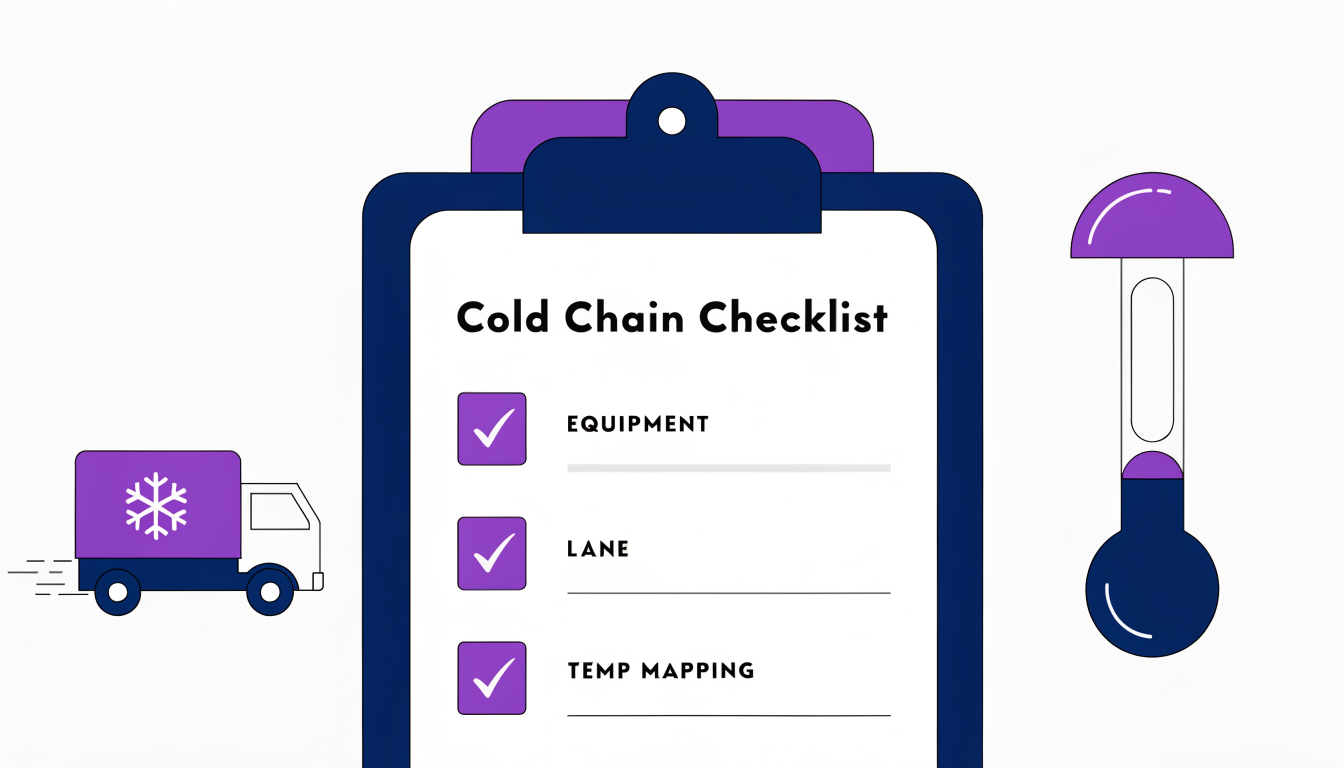 Flat vector illustration of a cold-chain validation checklist showing equipment, lane, and temperature mapping criteria.
