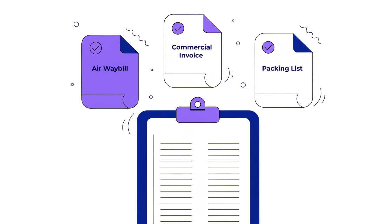 Vector illustration of an air freight document checklist showing Air Waybill, Commercial Invoice, and Packing List.