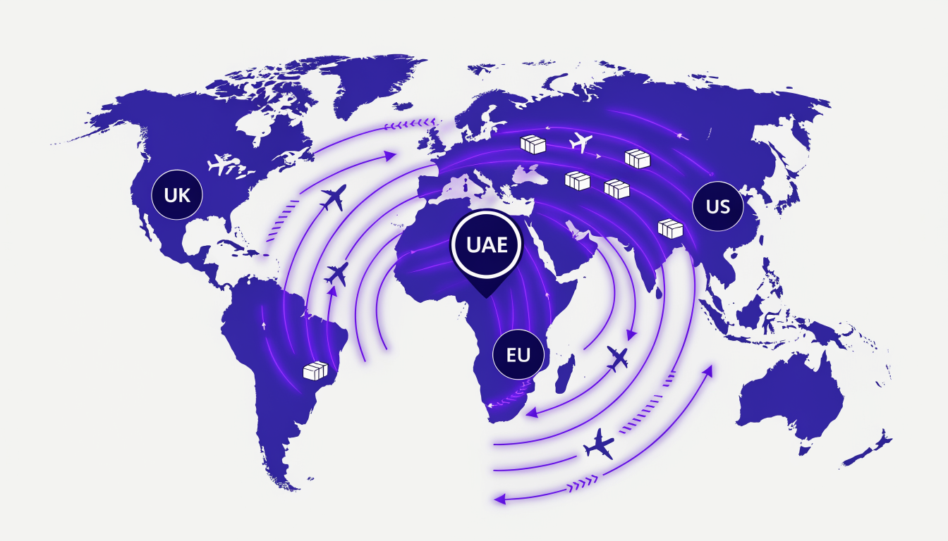 Vector illustration of global shipping routes expanding from the UAE to the UK, EU, and US markets.