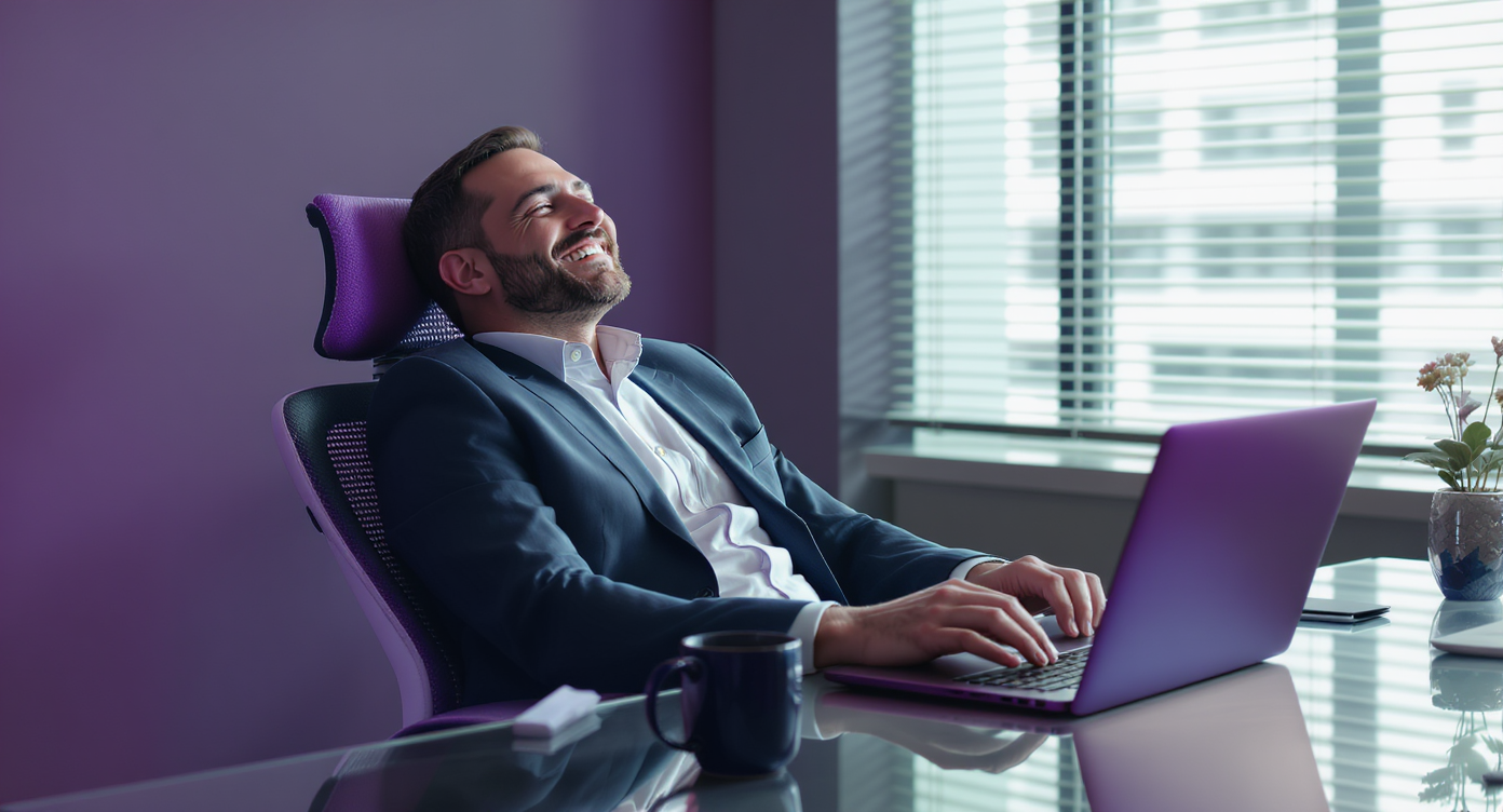 Relaxed logistics manager smiling at a laptop, representing fast AI shipping quotes.