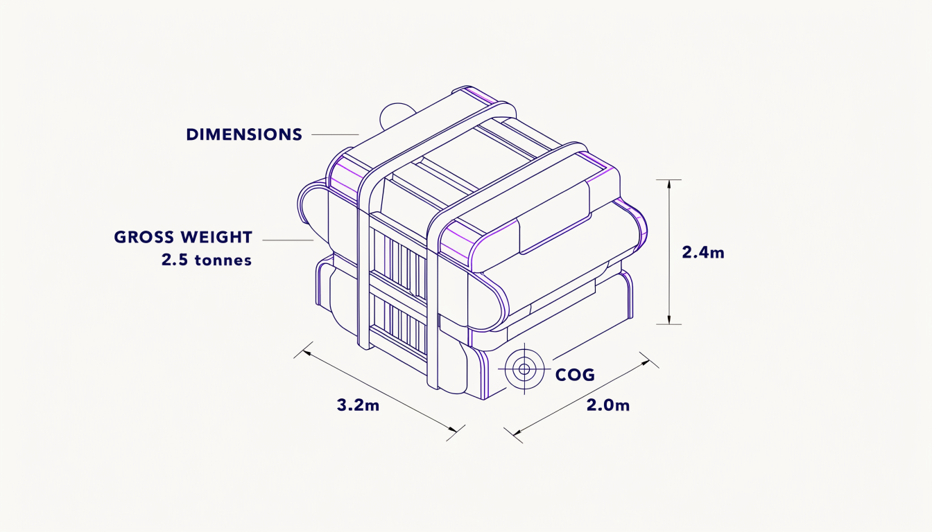 Technical blueprint illustration of a project cargo crate highlighting dimensions, gross weight, and center of gravity.